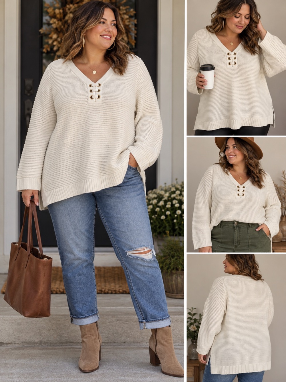 Charter Club Woman Cream V-Neck Grommet Knit Sweater Plus Size 2X
